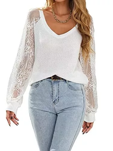 DIDK Langarmblusen DIDK Damen Bluse mit Spitzenarm Casual Oberteile Langarmshirt Sweatshirt Pulli Rundhals Shirts