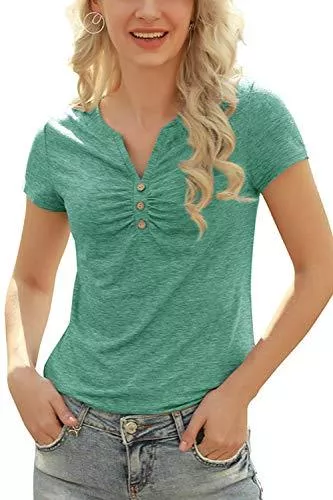 Breampot T-Shirts T-Shirt Damen Sommer Kurzarm V Ausschnitt Tops Knopf Stretch Bluse T-Shirts