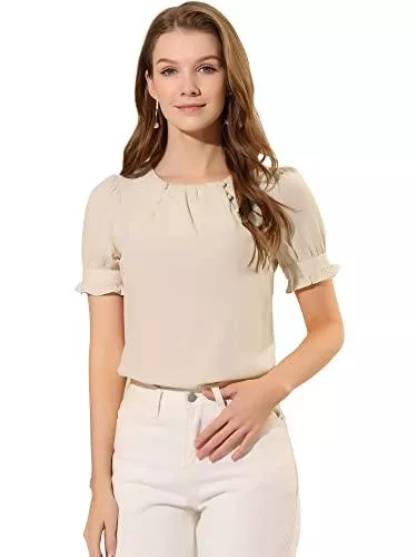 Allegra K Kurzarmblusen Allegra K Damen Rundhalsausschnitt Kurze Puffärmel Plissee Büroarbeitsbluse Top Bluse