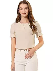 Allegra K Kurzarmblusen Allegra K Damen Rundhalsausschnitt Kurze Puffärmel Plissee Büroarbeitsbluse Top Bluse