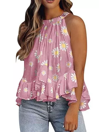 seiveini Ärmellose Blusen seiveini Tank Top Damen Sommer Elegant Weste Top mit Rüschen Blumen Druck Oberteile Ärmellos Neckholder Weste de Strand Spagehtti-Träger Vest Basic Tops Casual T-shirt