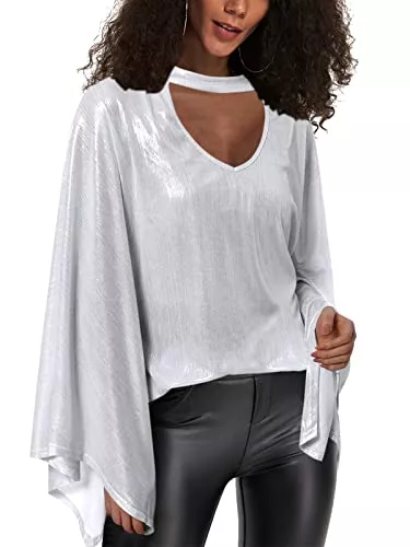 YOINS Langarmblusen YOINS Sexy Oberteil Damen Glitzer Oberteile Wetlook Langarmshirt für Damen Tshirt V-Ausschnitt Clubwear Partywear Lederlook