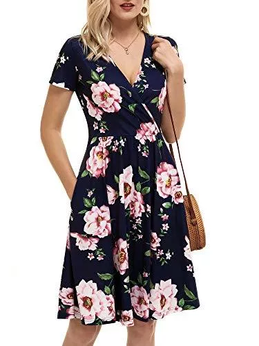 MSBASIC Cocktail MSBASIC Sommerkleid Damen Knielang A Linie Kleider Damen Sommer Cocktailkleid Wickeln V-Ausschnitt Partykleid Elegant