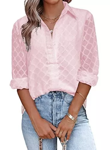 APOONABA Langarmblusen APOONABA Blusen Damen Elegant Damen-Tops mit V-Ausschnitt Einfarbig Karierte Hemd Elegant mit Durchsichtigen Ärmeln Frühling Sommer S-XXL
