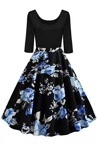 AXOE Cocktail AXOE Damen A-Linie Kleid 60er Jahre Rockabilly 3/4 Ärmel