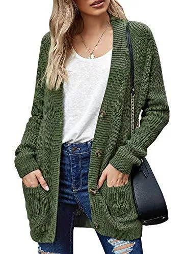 Roskiky Strickjacken Roskiky Damen Strickjacke mit Knopfleiste vorne, langärmelig und Zopfmuster