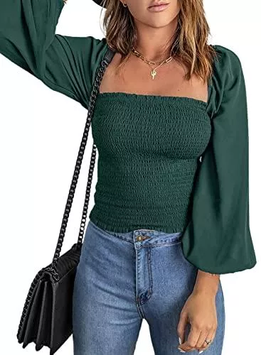 Aleumdr Langarmblusen Aleumdr Damen Bluse Langarm Puffärmel mit Eckiger Ausschnitt Casual Oberteil