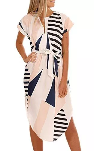 ECOWISH Freizeit ECOWISH Sommerkleider Damen Kurzarm V-Ausschnitt Strand Blumen Kleider Abendkleid Knielang