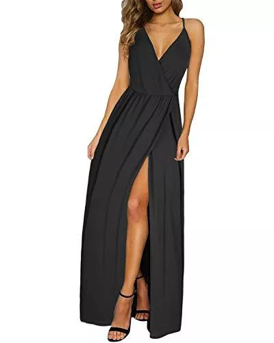 II ININ Freizeit II ININ Damen Tiefer V-Ausschnitt Freizeitkleid Sommer Rückenfreies Blumendruck Split Maxikleid für Strandparty