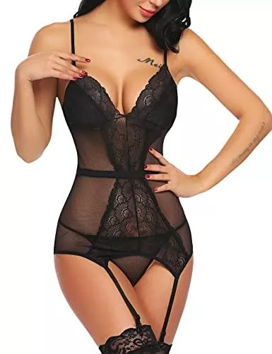 Avidlove Unterwäsche & Dessous Avidlove Damen Dessous mit Strapsen Reizwäsche Spitzen Body Unterwäsche V-Ausschnitt Corsage Sexy Wäsche Mesh Stückeln Nachtwäsche Babydoll Strapsgürtel