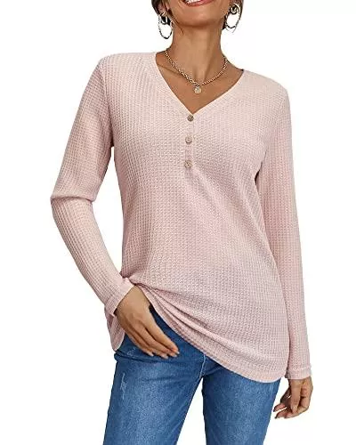 OUGES Langarmshirts OUGES Damen Langarm V-Ausschnitt Oberteile Pullover Tunika Bluse Waffelstrick Knopfleiste Henley Shirts