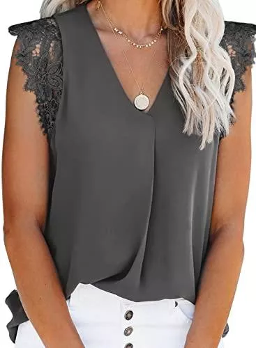 Uusollecy Ärmellose Blusen Uusollecy Damen Tank Top Sommer Ärmellose Chiffon Blusentop Spitzen V-Ausschnitt Weste Top Casual Shirt Tops Bluse