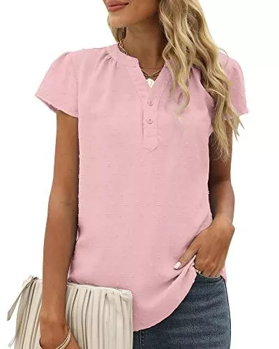 FCSONU Kurzarmblusen FCSONU Damen Sommer V-Ausschnitt Kurzarm Hemd Top Swiss Dot Tunika Bluse Lässig Button Shirts