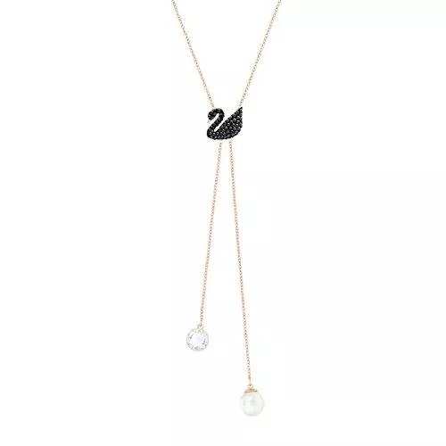 Swarovski Schmuck Swarovski Iconic Swan Y-Halskette, Rosé Vergoldete Damenhalskette mit Schwarzem Schwan-Anhänger und Funkelnden Swarovski Kristallen