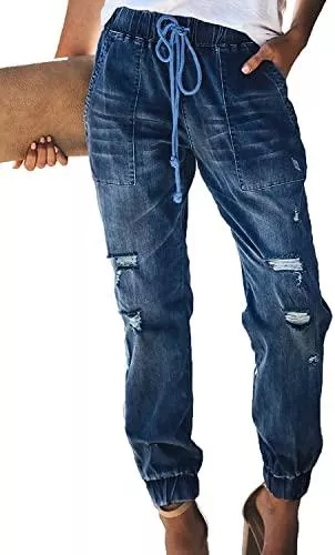 Maavoki Jeans Maavoki Damen Jeanshosen High Waist Boyfriend Lochjeans Elastischer Kordelzug Casual Loose Jeans Gerades Hosen