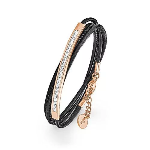 S.Oliver Schmuck S.Oliver Damen Wickel Armband aus schwarzem Leder und Edelstahl IP Rosegold mit Kristallen von Swarovski in weiß