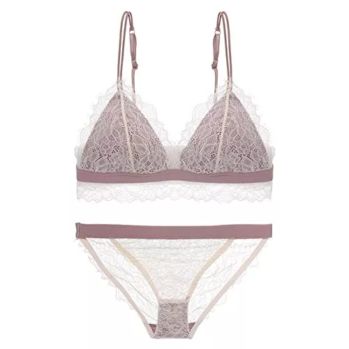 YUANCHNG Unterwäsche & Dessous YUANCHNG Stretch-Spitze Wireless Bralette und Höschen Kurze Dessous-Set für Frauen Wimpern Leaver Spitze Alltagswäsche