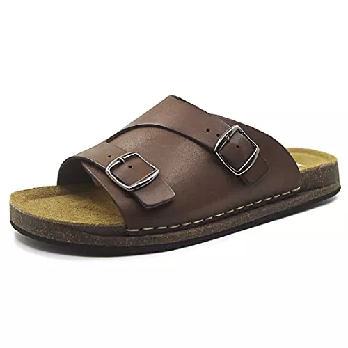 Harssidanzar Hausschuhe Harssidanzar Damen Pantoletten mit Fussbett Sandalen Damen Leder Slide Suede Sommer Offen Kork Sandalen GL208EU