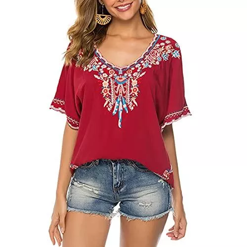 Seasonal Kurzarmblusen Seasonal Damen Sommer Boho Stickerei Mexican Bohemian Tops Shirt Tunika Blusen
