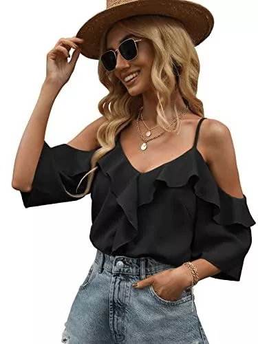 SheIn Ärmellose Blusen SheIn Damen Cold Shoulder Blusen Rüschen Oberteile Elegant Tunika Sommer Tops mit Volant Ärmel