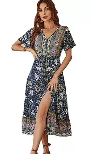 ZIYYOOHY Freizeit ZIYYOOHY Damen Freizeit Sommerkleider Kurzarm V-Ausschnitt Blumenmuster Kleider Knielang Schlitz Boho Strandkleider mit Gürtel