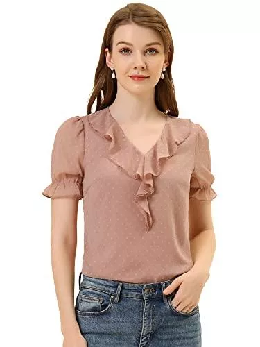 Allegra K Kurzarmblusen Allegra K Damen Kurzarm Rüschen V-Ausschnitt Chiffon Bauernoberteil Top Bluse