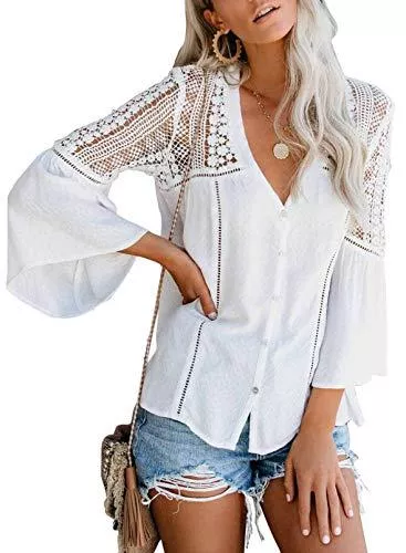 Astylish Langarmblusen Astylish Bluse Damen, elegant Chiffon Bluse Damen Oberteile Spitze mit V-Ausschnitt Aushöhlen Lose Tops Damen Spitze Casual Hemd Damen Tops Spitze einfarbig (S-2XL)