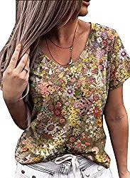 Hiistandd Kurzarmblusen Hiistandd T-Shirt Damen Lose Casual V-Ausschnitt Tunika Bedruckt Kurzarm Blumen Drucken Tops