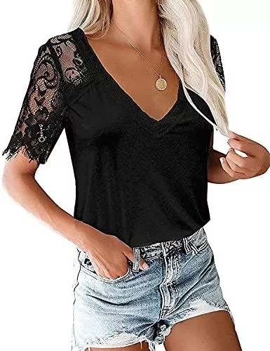 ANCAPELION Kurzarmblusen ANCAPELION Damen Kurzarm Top Spitzen Shirts V-Ausschnitt Oberteile Elegant Bluse für Sommer Female