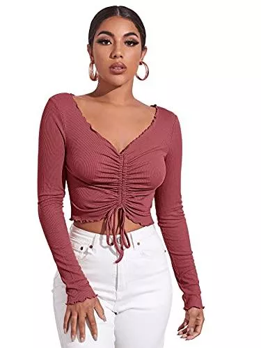 DIDK Langarmshirts DIDK Damen Crop Top Bauchfrei Oberteile mit Kordelzug Langarmshirts V Ausschnitt Kurz Shirt mit Wellensaum