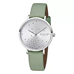 REGENT Uhren REGENT Damenuhr 36 MM mit Glitzer Steinen Silberfarben/Grün BA-598
