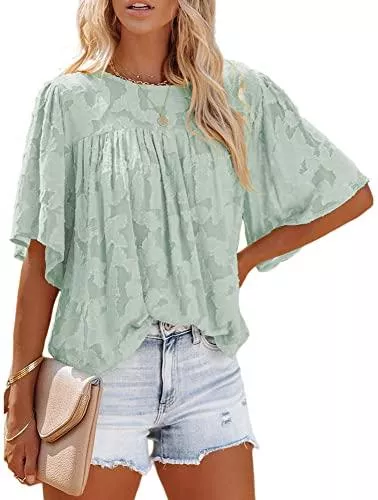 Bequemer Laden Kurzarmblusen Bequemer Laden Damen Sommer Casual Oberteile Rundhals Halb Glockenärmel Bluse Elegant Spitze Tunika Tops Shirt mit Falten