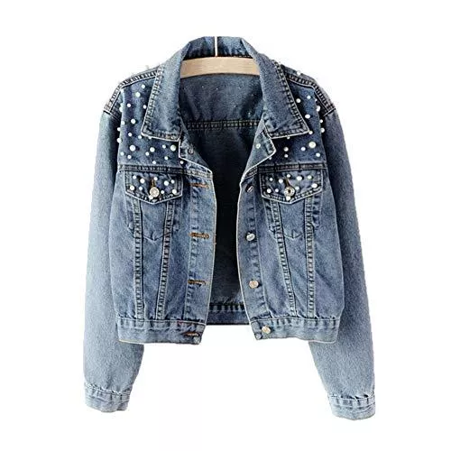 Avondii Jacken Avondii Damen Jeansjacke mit Perlen Kurz Blau Denim Jacke Tops