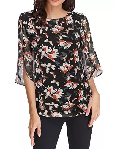 GRACE KARIN Langarmblusen GRACE KARIN Damen Elegant Bluse Langarm Chiffon Rundhals Shirt Casual Tops CLAF15