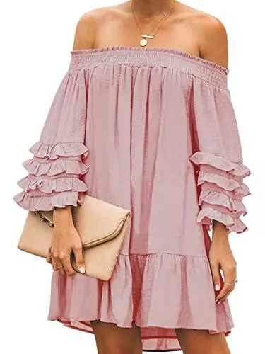 ZANZEA Freizeit ZANZEA Damen Schulterfrei Minikleider Rüsche Langarm Blusen Elegant Oberteile Party Strand Kleid