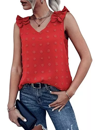 SheIn Ärmellose Blusen SheIn Damen Blusen Tank Top V-Ausschnitt Oberteil Casual Chiffonbluse mit Rüschenbesatz