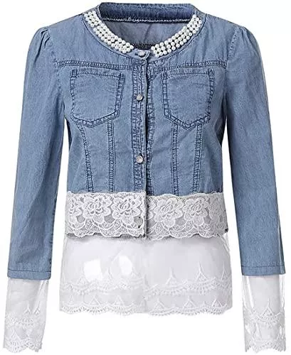 Avondii Jacken Avondii Damen Jeansjacke Kurz Blau Denim Jacke mit Spitze und Perlen