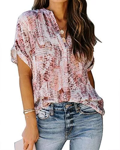 ANCAPELION Kurzarmblusen ANCAPELION Damen Sommer Bluse Fashion Tuniken Hemd Kurzarm Shirt Casual Oberteile Lose Fit Top V-Ausschnitt Tunika für Frauen