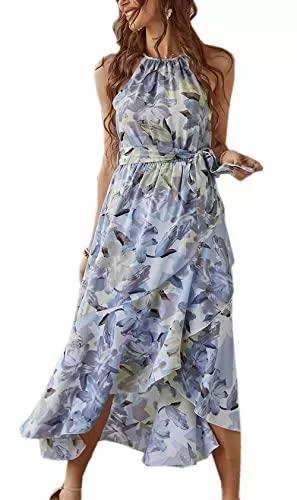 ZIYYOOHY Freizeit ZIYYOOHY Damen Sommerkleider Sexy Ärmellos Punkte Kleid Spaghetti-Trägerkleid Cocktailkleid Strandkleider Maxikleider mit Gürtel