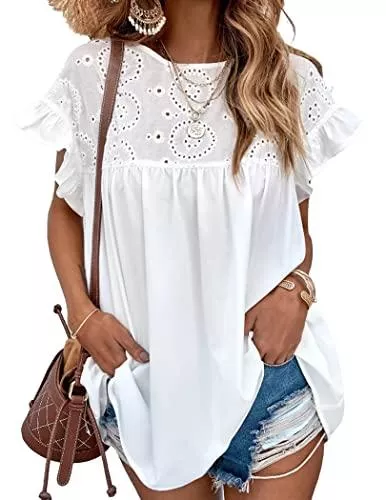 Beyove Kurzarmblusen Beyove Damen Chiffon Bluse Kurzarm Shirt Volantärmeln Spleiß Spitze Tunika Oberteile Rundhals Solide Casual Locker Longshirt Tops Sommer