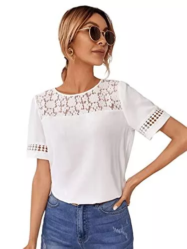 SheIn Kurzarmblusen SheIn Damen Bluse Sommer Tunika Kontrast Spitzen Oberteil Elegant Kurzarm Office Blusen Spitzenshirt
