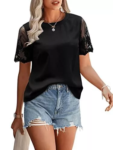 SheIn Kurzarmblusen SheIn Elegant Bluse Damen Spitzen Oberteil Sommer Tops Chiffonbluse Tunika Spitzentop mit Rundhals
