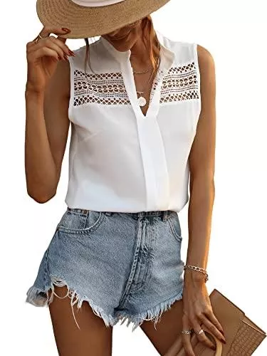 SheIn Ärmellose Blusen SheIn Damen Elegant Bluse mit Spitzen Oberteile Ohne Ärmel Tunika Cut Outs Sommer Oberteil Blusen