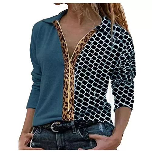 XINMINGREN Langarmblusen Damen Elegant Bluse Mode gedruckt Langarmshirts V-Ausschnitt Revers Oberteile Langarm Reißverschluss Farbblock T-Shirt Casual Hemd Tops