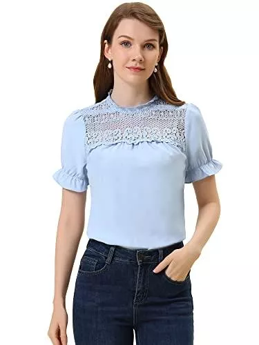 Allegra K Kurzarmblusen Allegra K Damen Kurzarm Stehkragen Chiffon Casual Spitze Panel Puffärmel Top Bluse