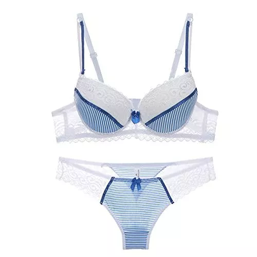 Huachaoxiang Unterwäsche & Dessous Huachaoxiang Frauen Sexy BH Set Spitze, Push Up Frauen Unterwäsche Höschen Set Baumwolle Erfrischende BH Short Sets Dessous Anzug Vier Jahreszeiten Gemeinsame,Blau,38BC