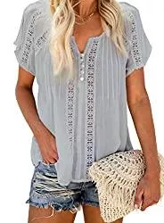 Dokotoo Kurzarmblusen Dokotoo Damen Bluse Sommer Kurzarm Oberteile Spitzen Aushöhlen T-Shirt Casual V-Ausschnitt Shirts Tops S-XXL