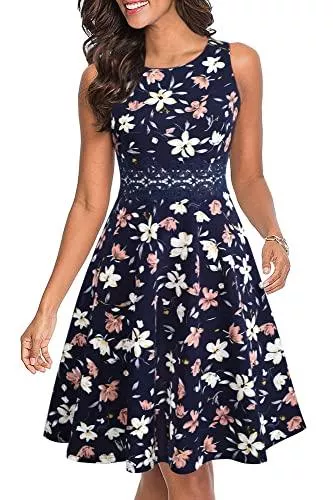 HOMEYEE Cocktail HOMEYEE Damen Vintage Rundhalsausschnitt ärmellosen Blumen Bestickt knielangen Cocktailkleid UKA079