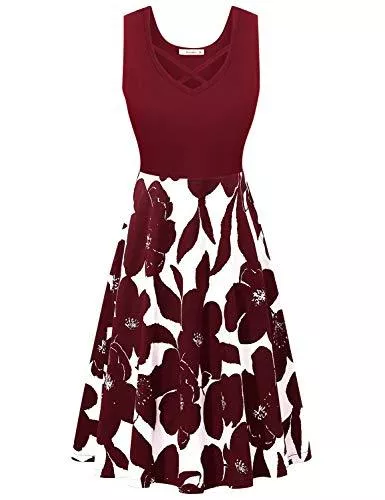 Moyabo Freizeit Moyabo Damen Kleider Sommer V-Ausschnitt Ärmelloses Vintage Midilänge Tank Kleid Blumen Strandkleid mit Taschen