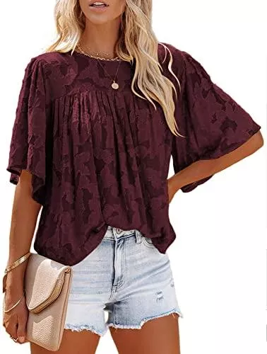 Bequemer Laden Kurzarmblusen Bequemer Laden Damen Sommer Casual Oberteile Rundhals Halb Glockenärmel Bluse Elegant Spitze Tunika Tops Shirt mit Falten
